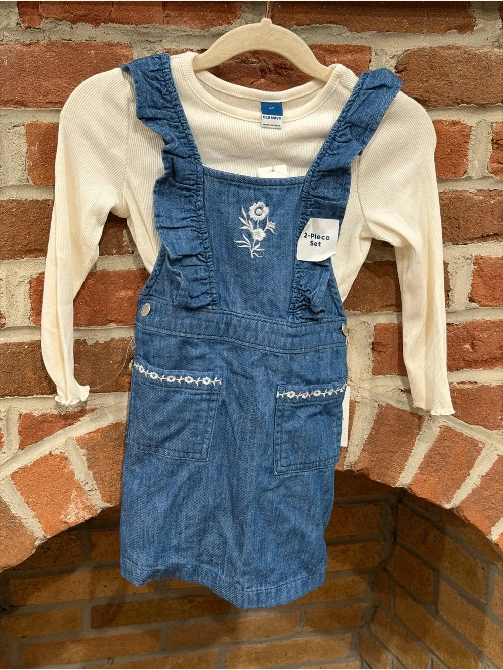 Old Navy Cream Top with Blue Denim Ruffle Overalls Set